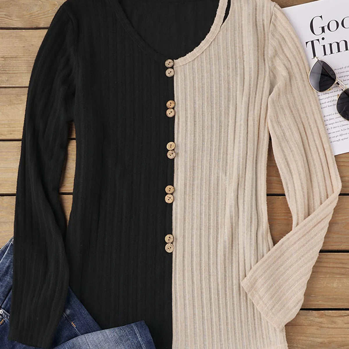 Color-Blocked Ribbed Button Hollow Out Blouse Elegant Women Casual Long Sleeve Loose Fashion Comfy Autumn Commuter Tops