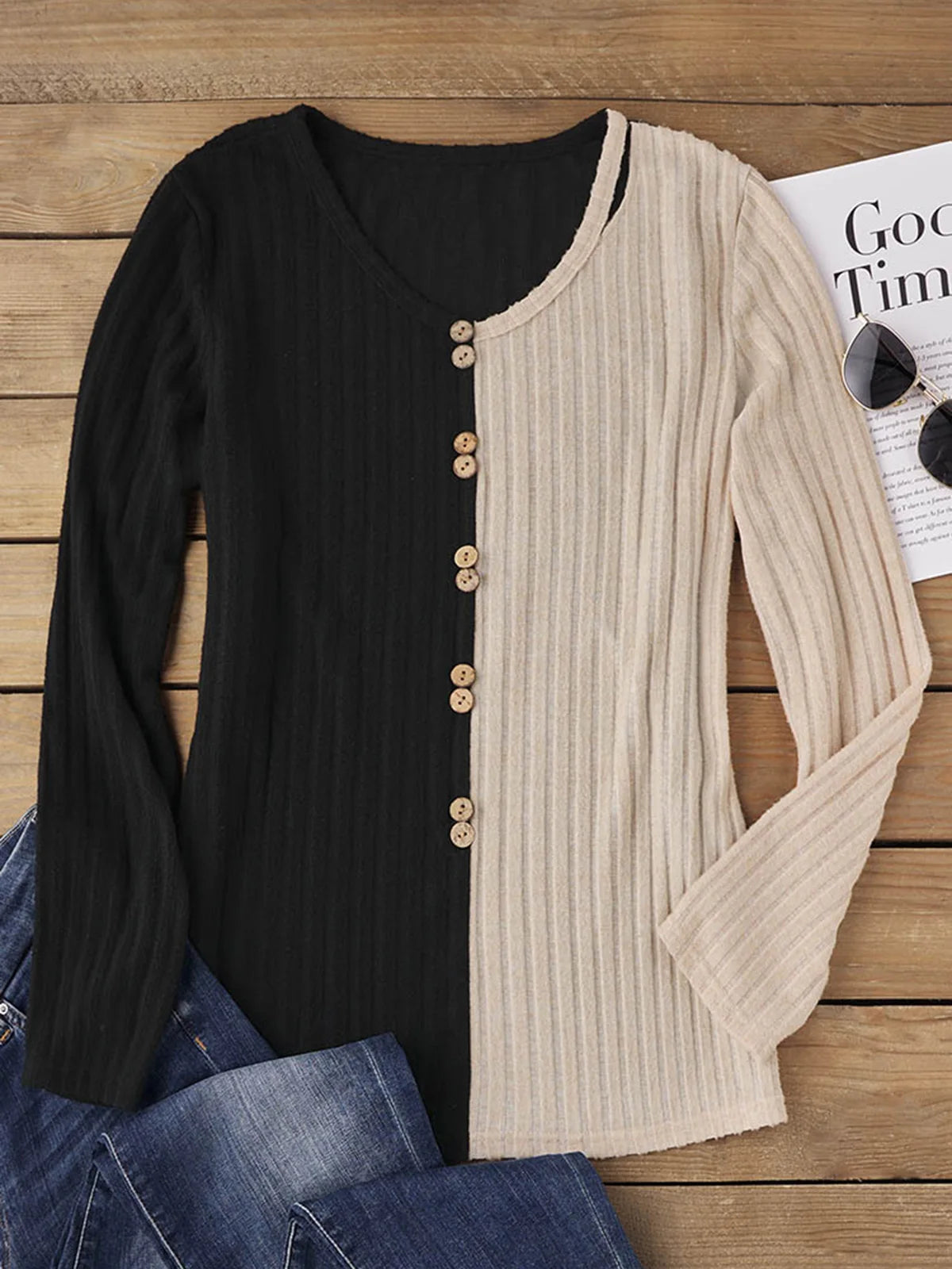 Color-Blocked Ribbed Button Hollow Out Blouse Elegant Women Casual Long Sleeve Loose Fashion Comfy Autumn Commuter Tops