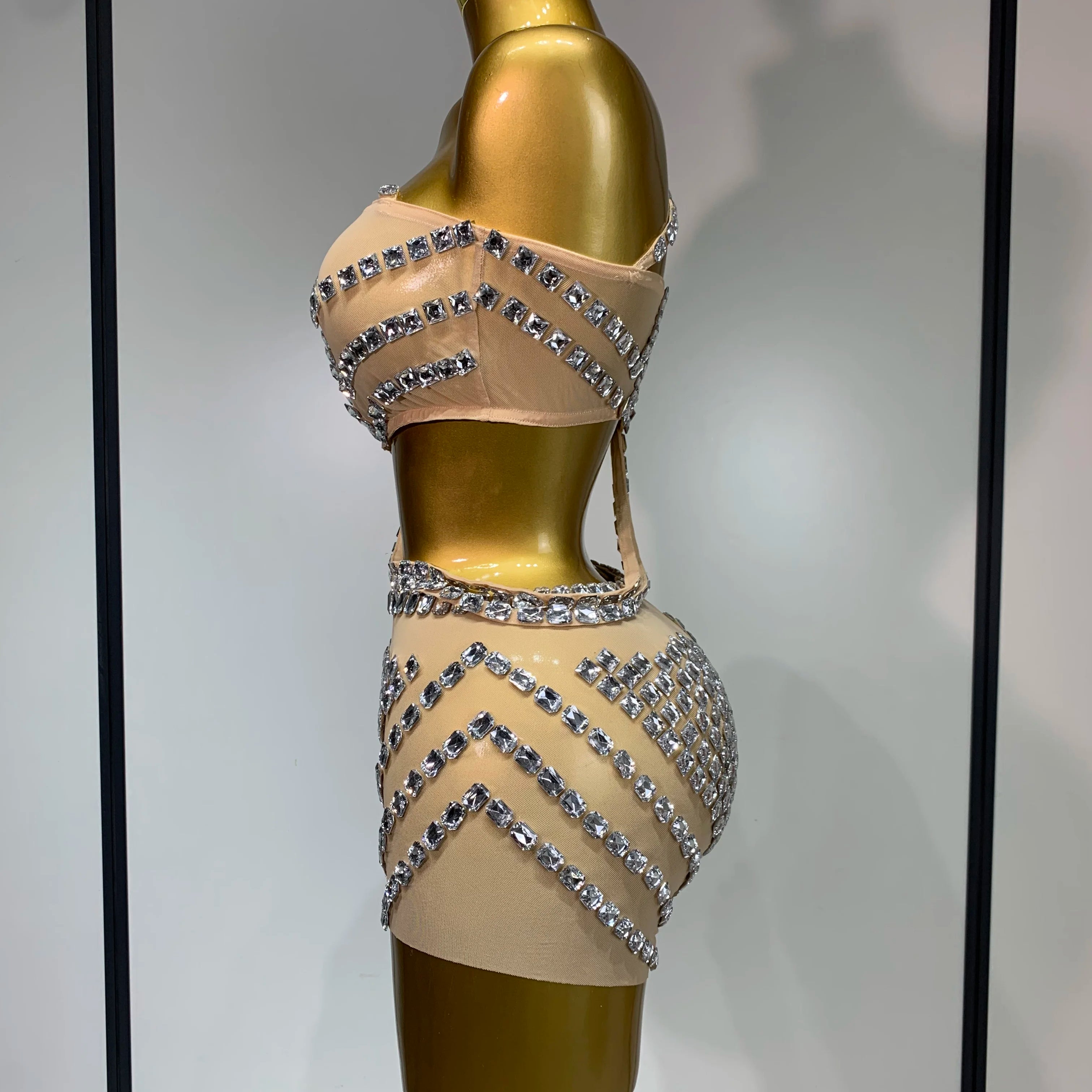 Luxury Diamonds Sexy Mesh Perspective Two Pieces Outfit Performance Dancer Singer Costume Nightclub Women's Set Birthday Wear