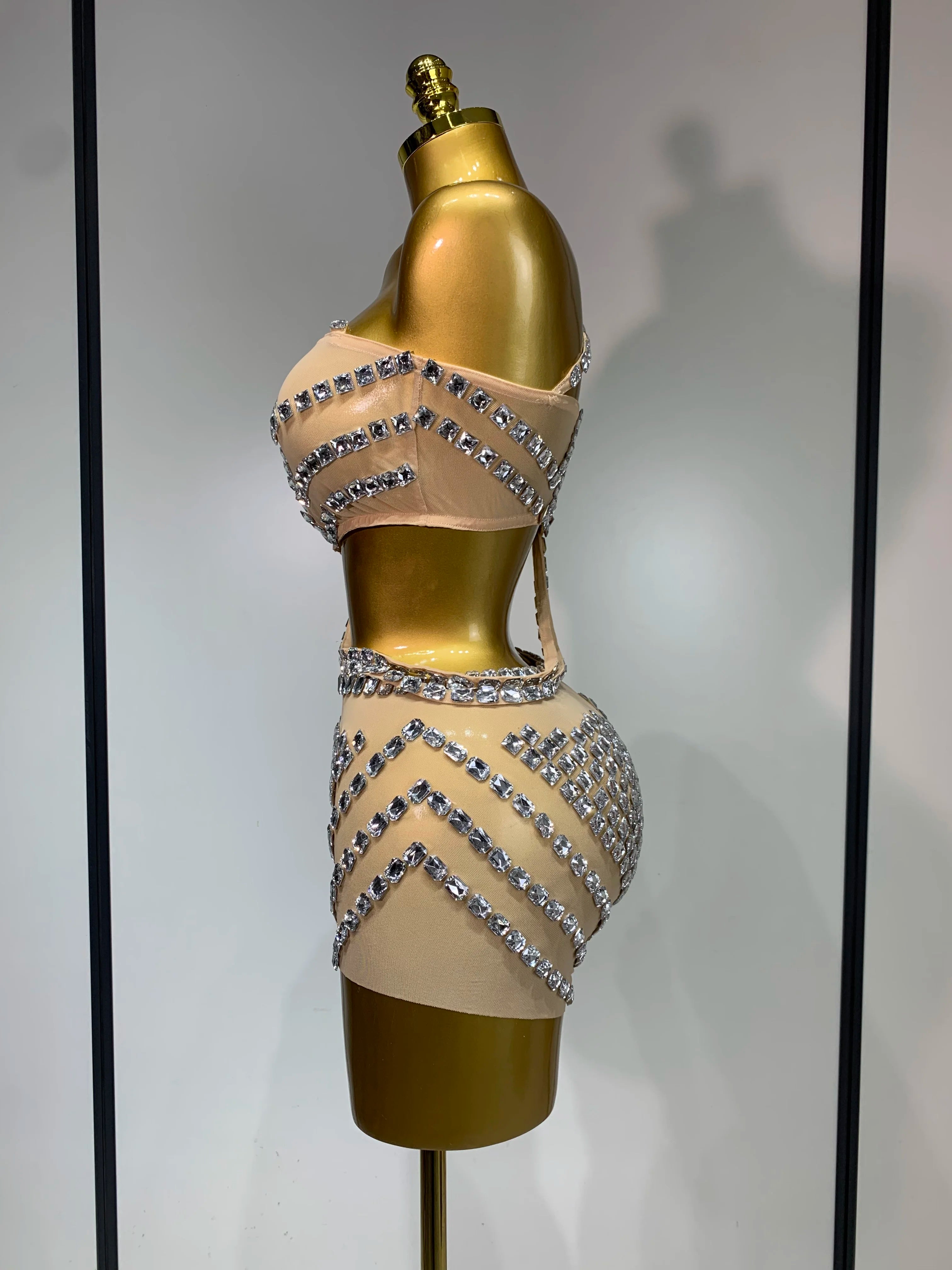 Luxury Diamonds Sexy Mesh Perspective Two Pieces Outfit Performance Dancer Singer Costume Nightclub Women's Set Birthday Wear