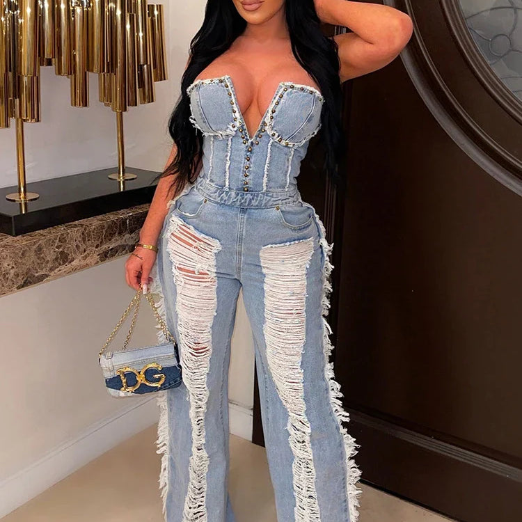 Sibybo Tassel Hollow Out Overalls For Women Studded Diamond Strapless Backless Jeans Street Fashion Trend Jumpsuite Femme