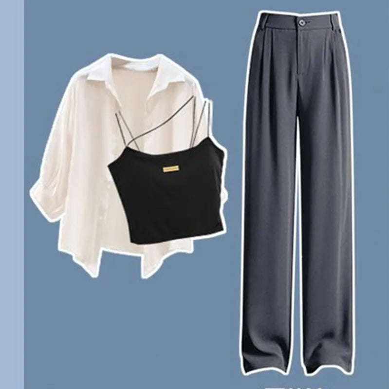 Large Women's Summer Set 2023 New Fashionable Shirt with Hanging Straps and Wide Leg Pants Three Piece Set Y2k Clothes Women Three piece set 1 2