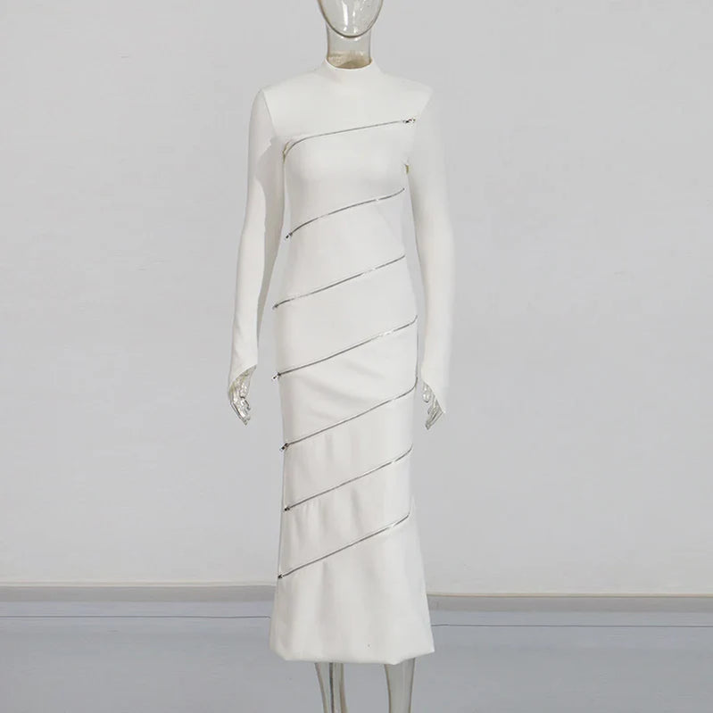 Solid Slimming Spliced Zipper Dress for Women Stand Collar Long Sleeve High Waist Dresses Female Temperament Style