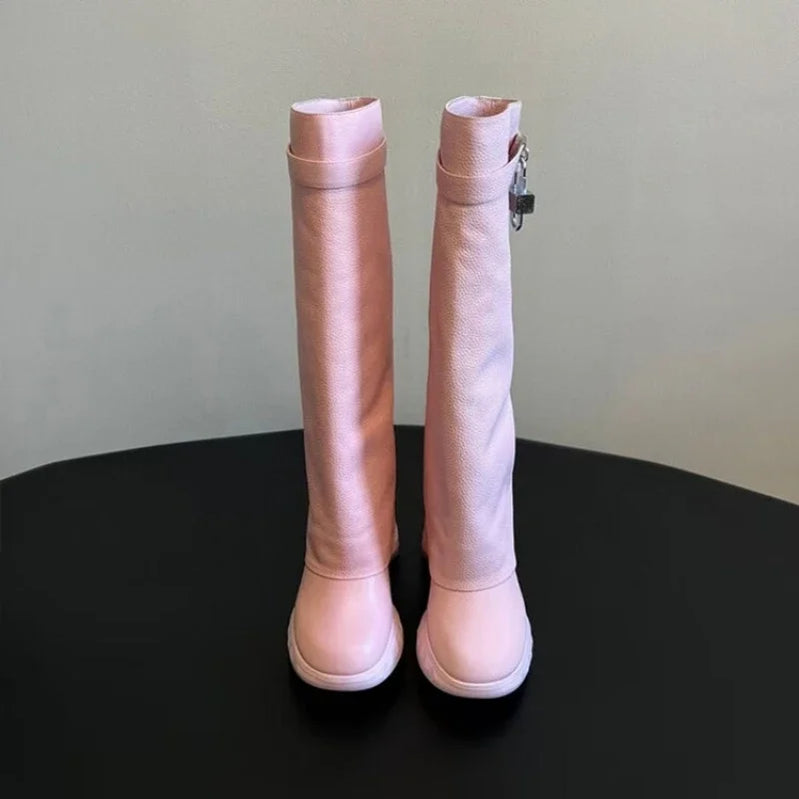 Leather Metal Padlock Woman Knee Length Boots Black Pink Slope Heel Autumn Winter Skirt Boots Size 35-43 Women Shoes