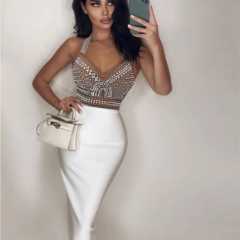 2023 Exquisite Pearl Beading Halter Bodycon Knee Lenght Dress Graceful Woman Hips Package Bandage Dress Evening Party Vestido