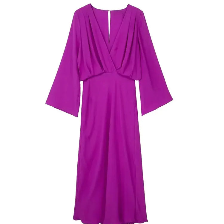 Bohemian Solid V-Neck Dress Women Elegant Flared Sleeve Female Midi Dresses New Spring Loose Beachwear Vintage Casual Vestidos PURPLE
