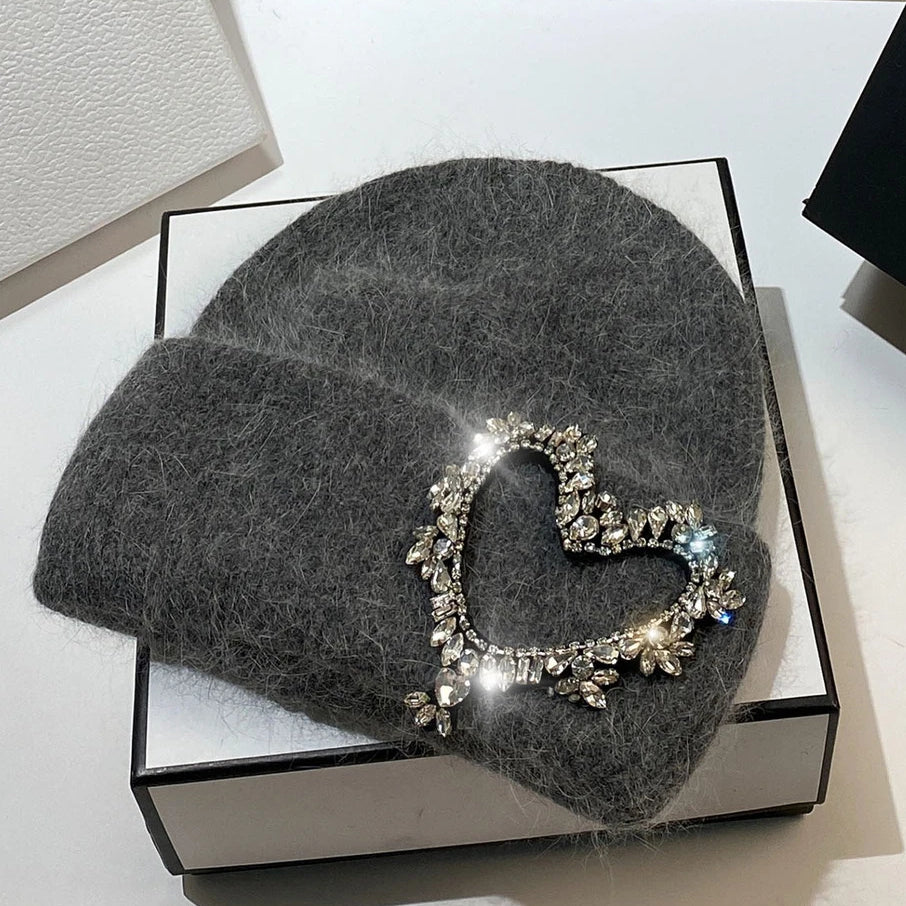 Luxury Heart Rhinestone Winter Beanies Women Solid Color Real Rabbit Fur Knitted Hat Lady Fashion Warm Pullover Caps Gifts dark gray Adult