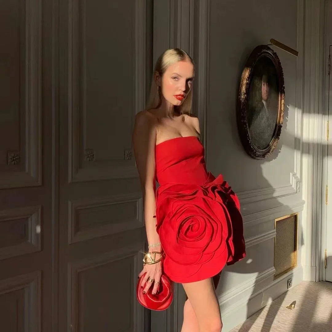 Stereoscopic Flowers Strapless Red Bandage Mini Evening Dress Fashion Woman Birthday Party Dress Celebrity Party Outfit