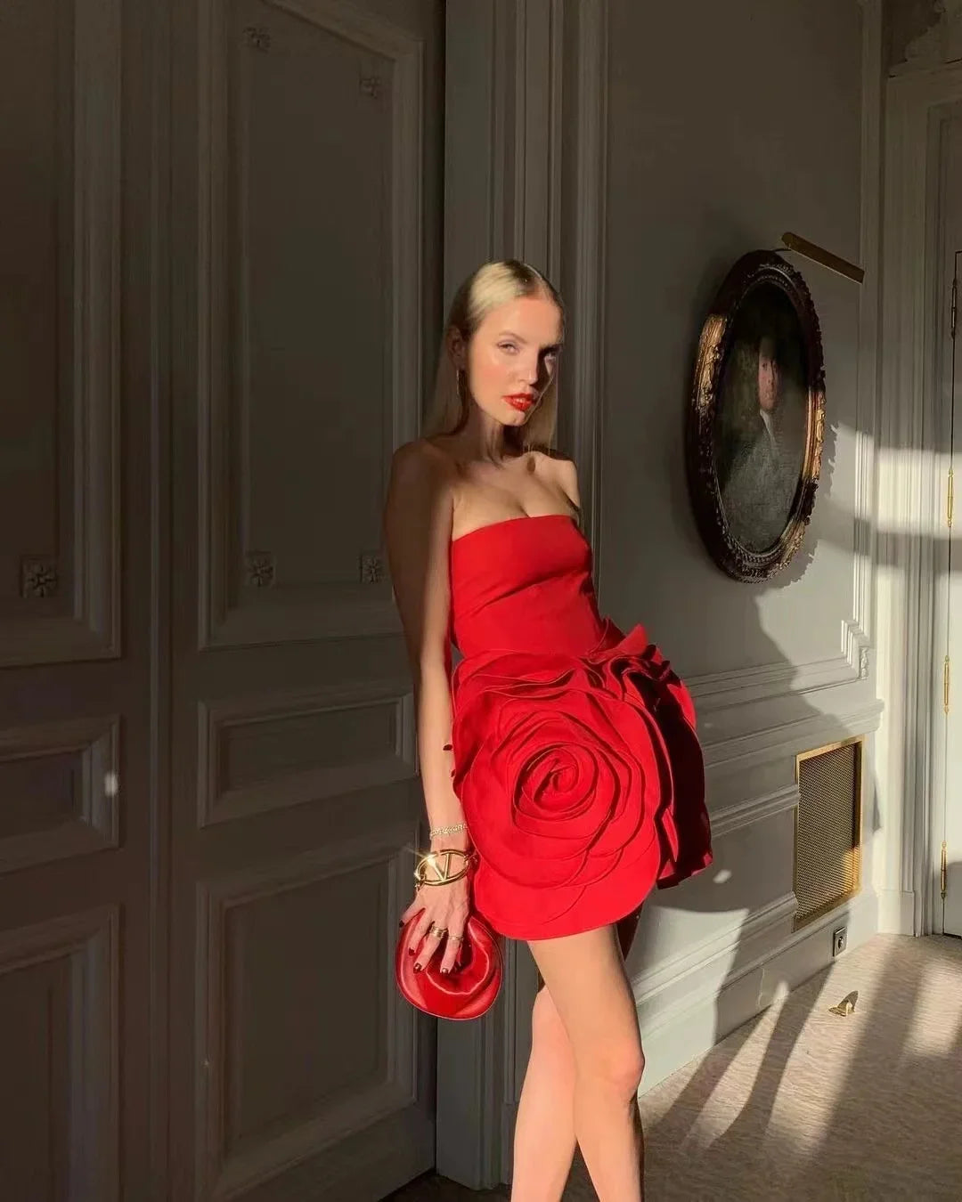 Stereoscopic Flowers Strapless Red Bandage Mini Evening Dress Fashion Woman Birthday Party Dress Celebrity Party Outfit