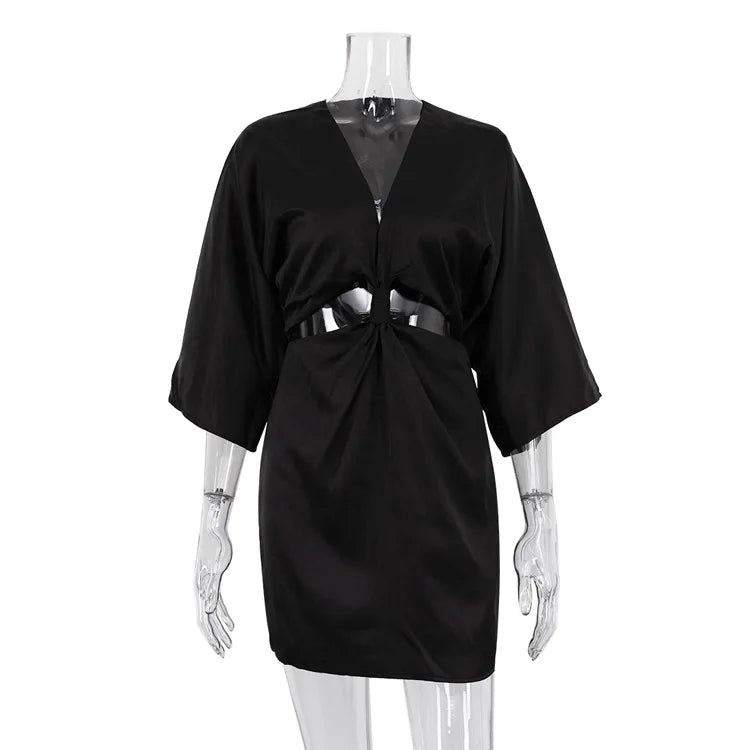 Flare Sleeve Satin Women Summer Dress Deep V-neck Hollowe Out Fashion Party Club Short Dresses Luxury Simple Slim Beach Vestidos