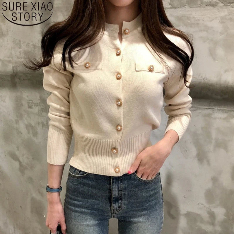 Autumn Long Sleeve Fashion Women Cardigans Sweater Knitted Coat Short Casual Single Breasted Korean Slim Chic Ladies Tops 17375 Beige One Size