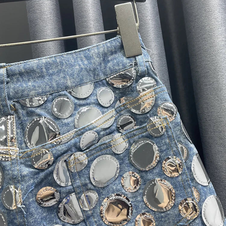 DEAT Summer New Fashion Women's Denim Skirt High Waist Circular Sequin Patchwork Wrap Hip Blue Short Mini Skirts 29L4143