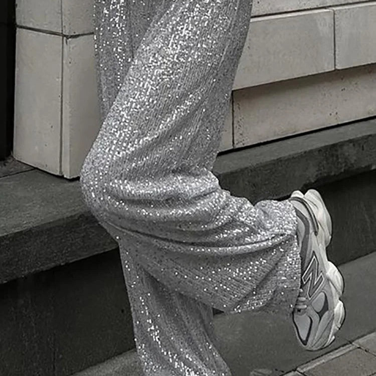 Loose Fit Elastic Waist Sequined Pants Casual Women Patchwork Silver Long Pants All Matching Femme Floor Length Pants