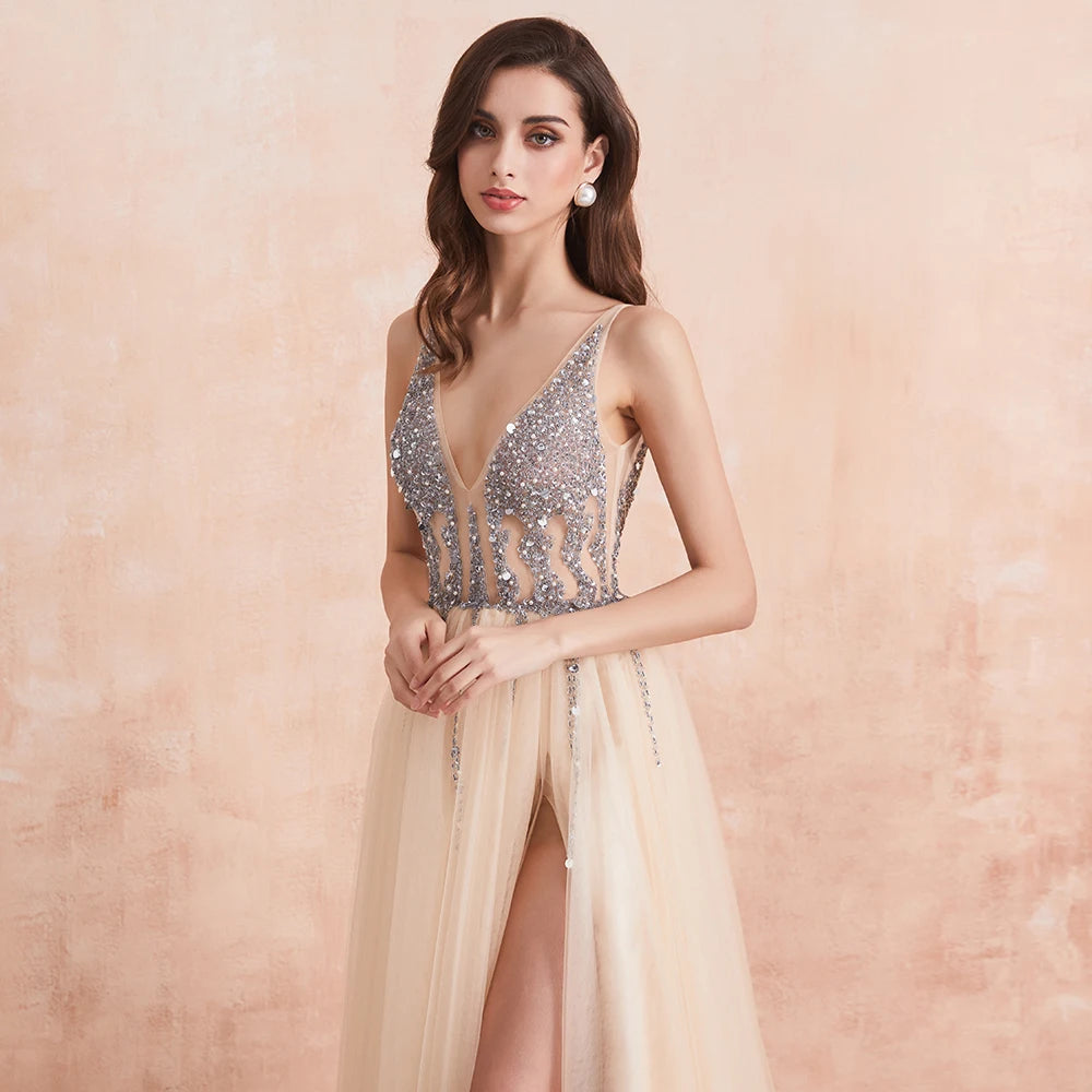 Sexy V Neck Evening Dresses for Women Champagne Crystal Beaded Beads Backless Formal Prom Gowns