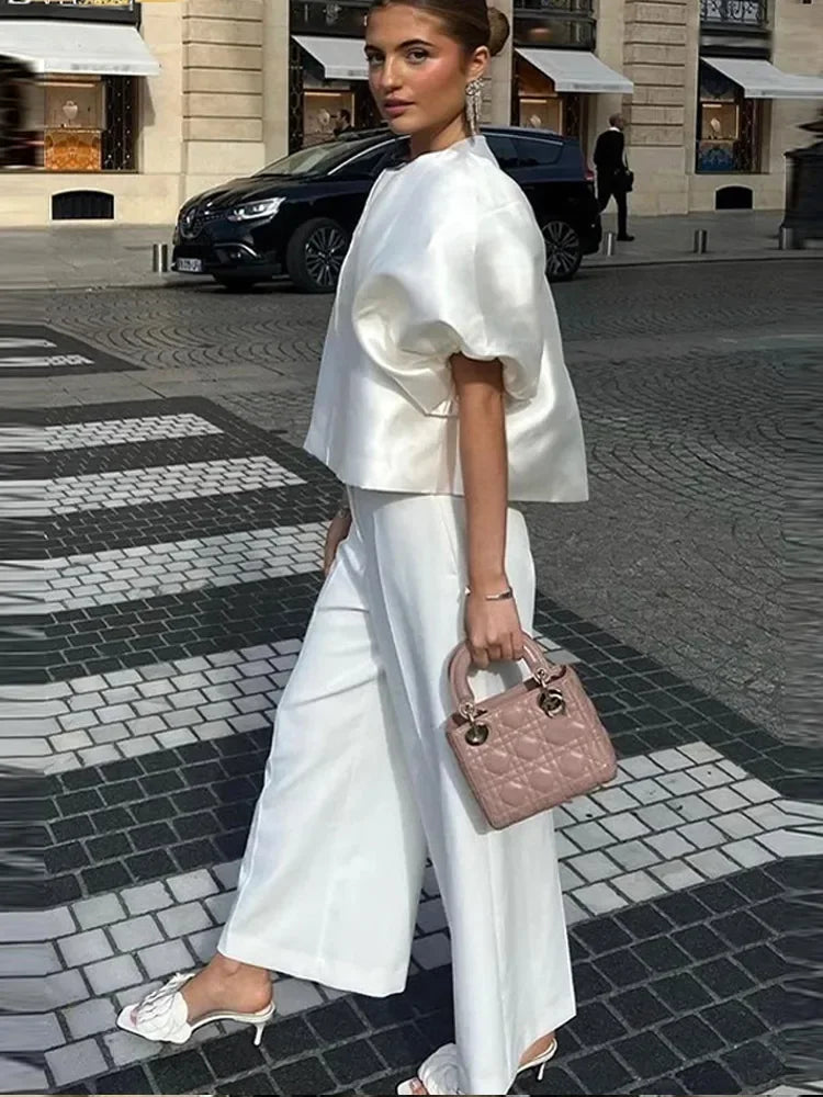 Satin Elegant Shirts Women White Lantern Short Sleeve O-neck Loose Female Blouses Spring Summer Lady Tops Chic Streetwear