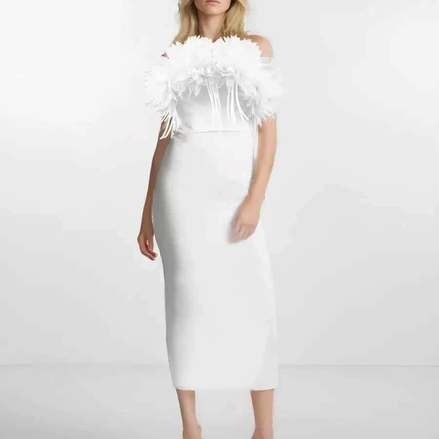 Hot Sale Women Sexy Strapless Feathers Bodycon Long Bandage Dress Fashion Celebrate Evening Party Birthday Outfit Wholesale