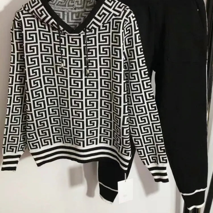 Knitted Hooded Sweater Hoodies Set For Women Autumn Winter Luxury Brand Designer Stitch Knitwear Pullover Tops Clothes