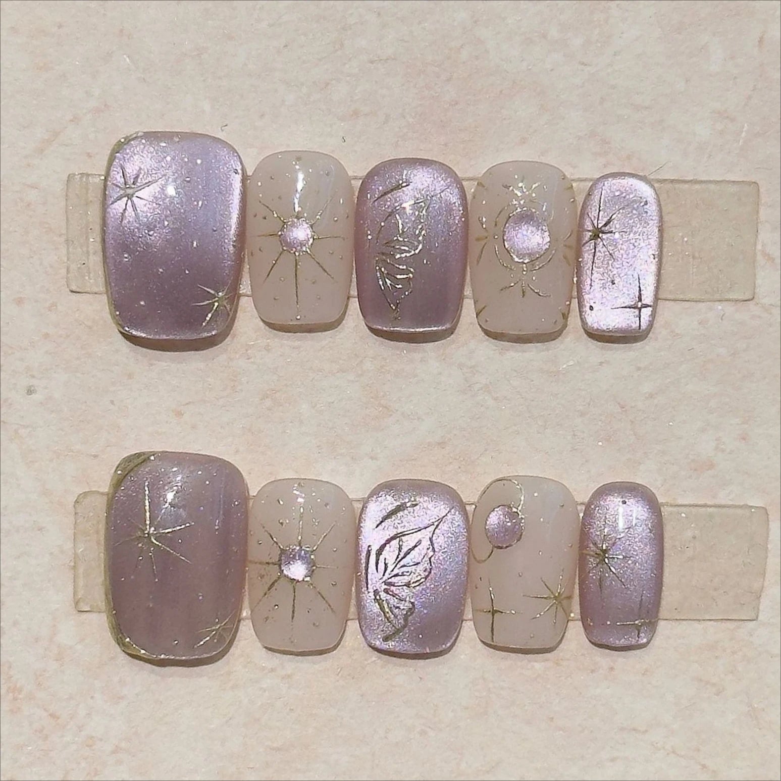 10Pcs Purple Ballet Handmade Short Nail with Butterfly Sparkle Cat Eye Fake Nail Spice Girl French Full Cover Press on Nail Tips