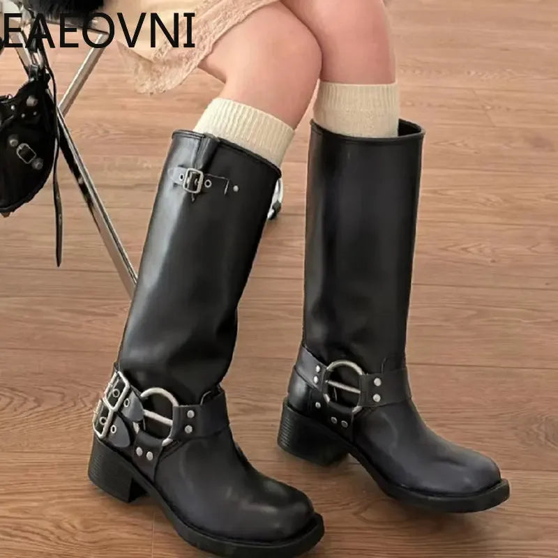 Knee High Boots Women Fashion Slip On Ladies Low Heel Knight Boots Autumn Winter Women's Biker Booties