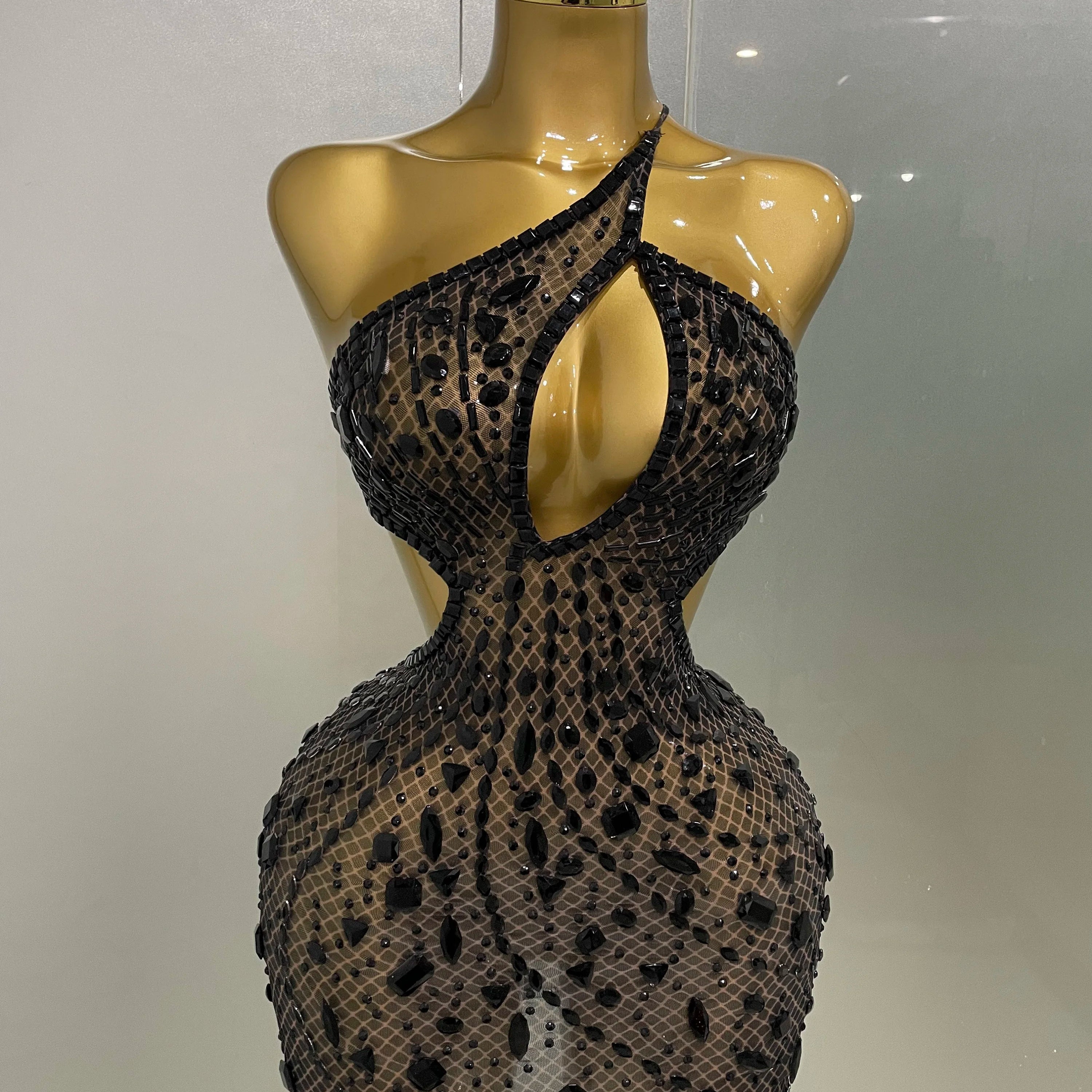 Stock Women Sparkly Big Crystal Sexy Off the Shoulder Mesh See Through Mini Dress Nightclub Party Celebrate Birthday Dress