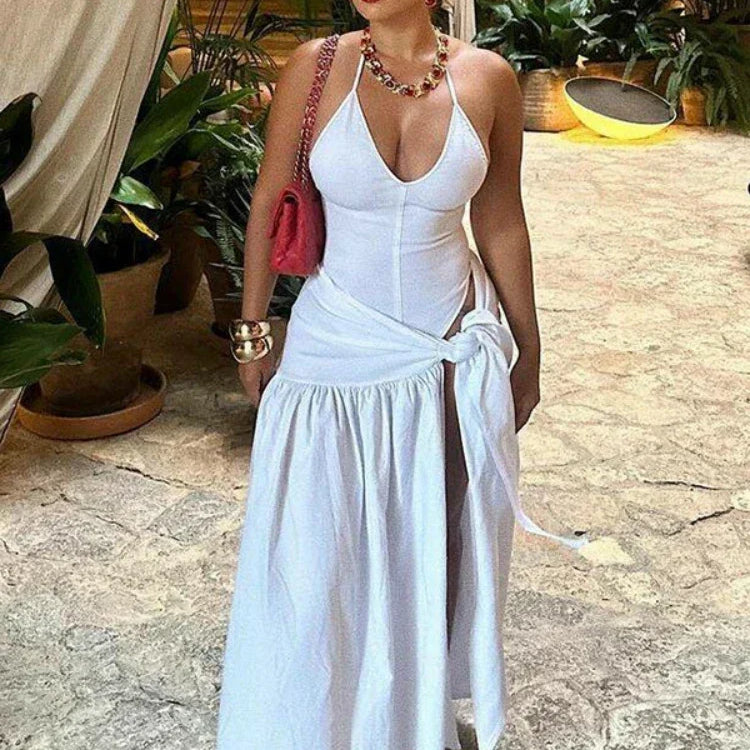 CM.YAYA Elegant Women's Set Sleeveless Strap Bodysuit +Long Skirts Set Autumn Tracksuit Sexy 2024 Tie Up Two 2 Piece Set Outfits