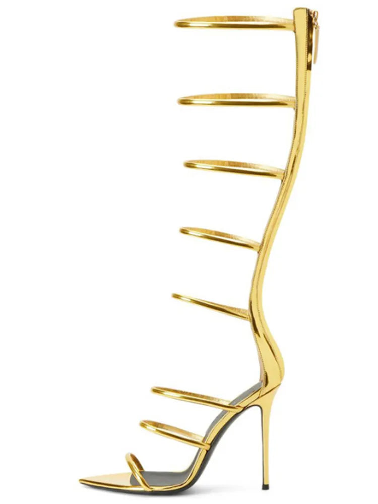 Women's New Open Toe Lacquer Leather Slim High Heel Sandals Fashion Belt Buckle Back Zipper Show Fashion Cool Boots Gold