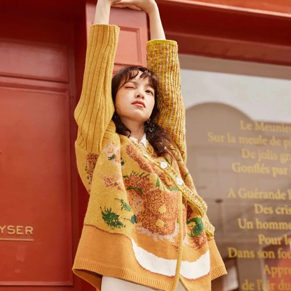 Van Gogh's collaboration "Starry Night Flower Sea" Spring and Autumn Women's New Oil Painting Diagonal Button Sweater Coat Yellow