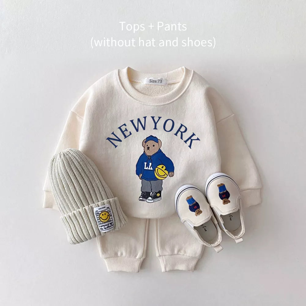 Baby Boy Girl Clothing Sets Children Bear Pullover Sweatshirts + Simple Solid Cotton Sports Pants 2pc Kids Clothes Boy New Suit Beige