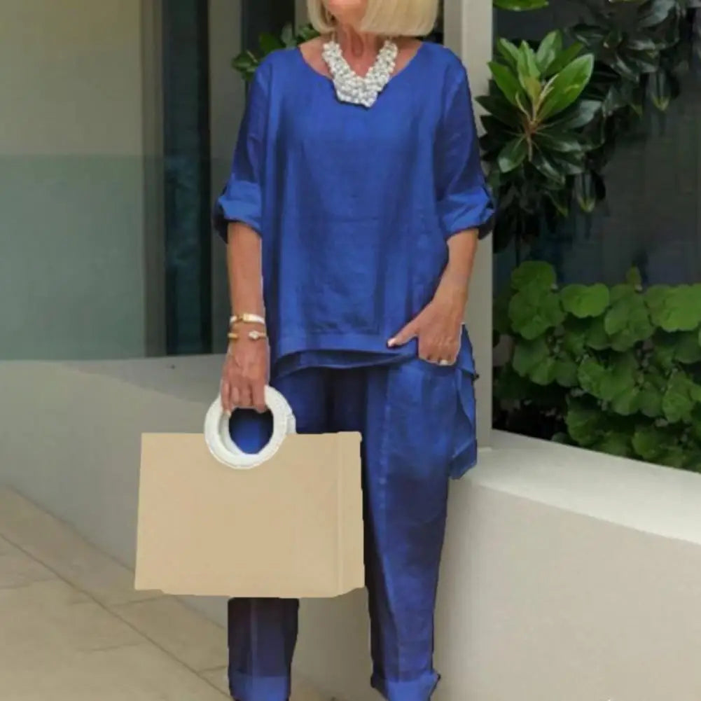 Women Casual Two Pieces Set Summer Fashion Half Sleeve O-Neck Loose Suit Female Vintage Pocket Top Long Pants Solid Outfit