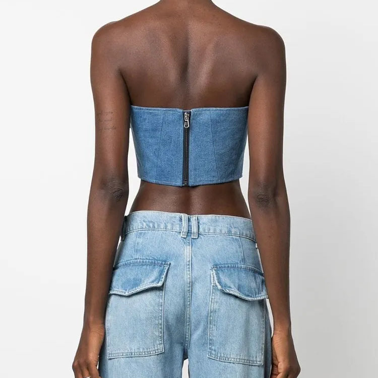 Denim Irregular Vests For Women Slash Neck Sleeveless Patchwork Appliques Slimming Vintage Vest Female Fashion 2023