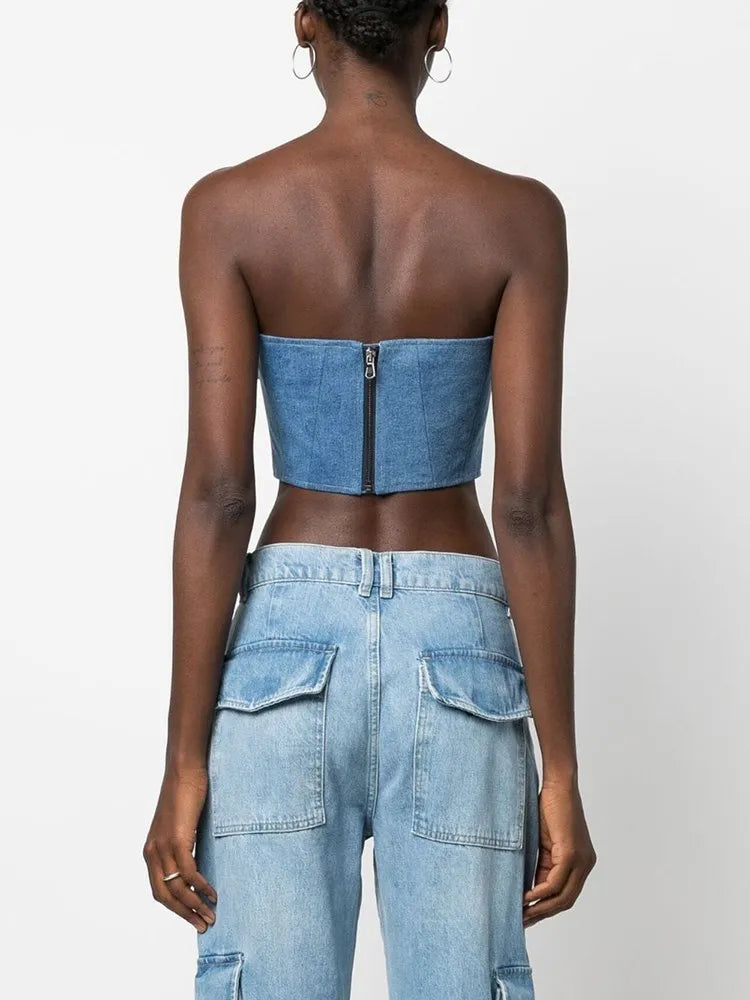 Denim Irregular Vests For Women Slash Neck Sleeveless Patchwork Appliques Slimming Vintage Vest Female Fashion 2023