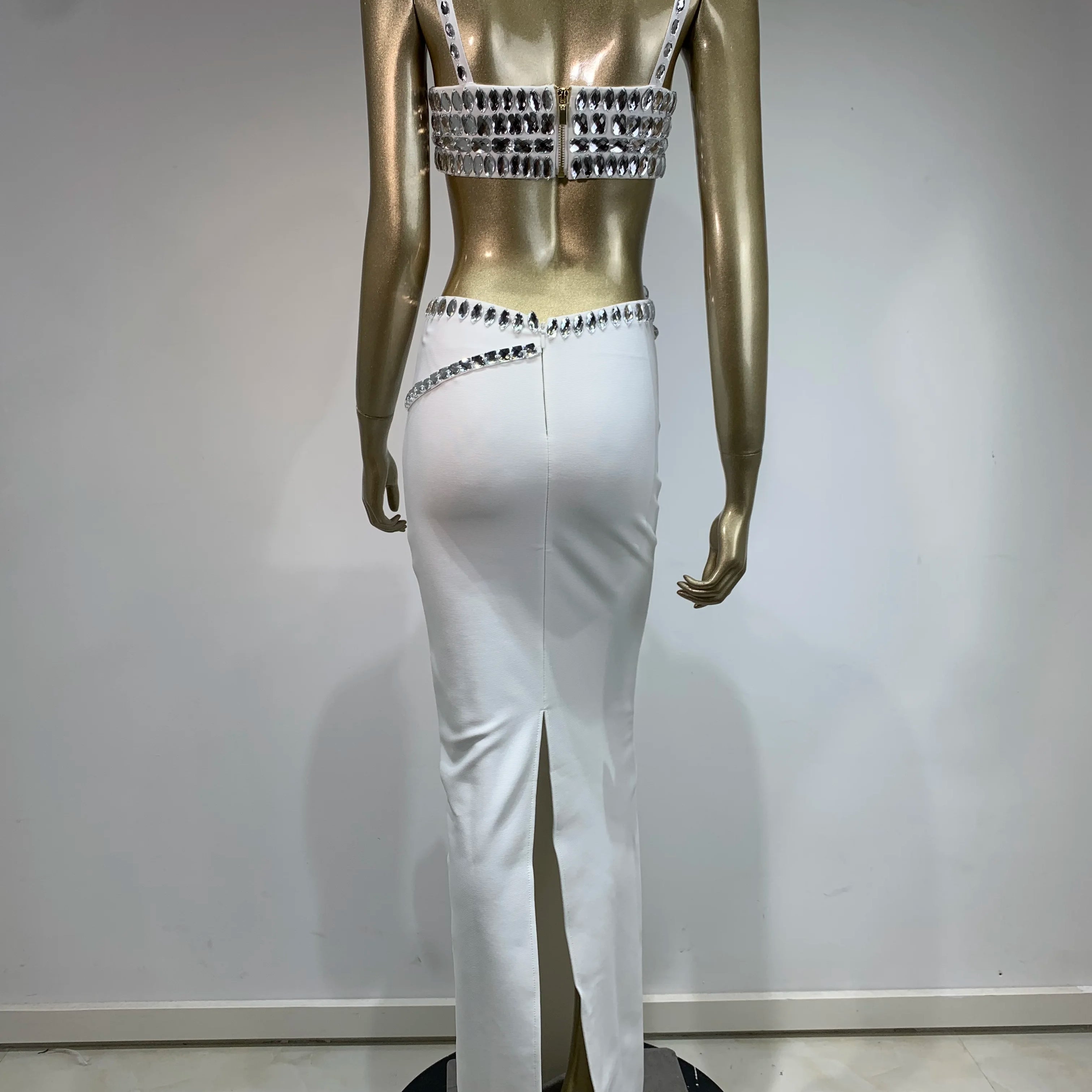 Women Summer Celebrity Sexy Beading Split Maxi Long White Bandage Skirt Set 2024 Knitted Elegant Evening Club Party Clothing