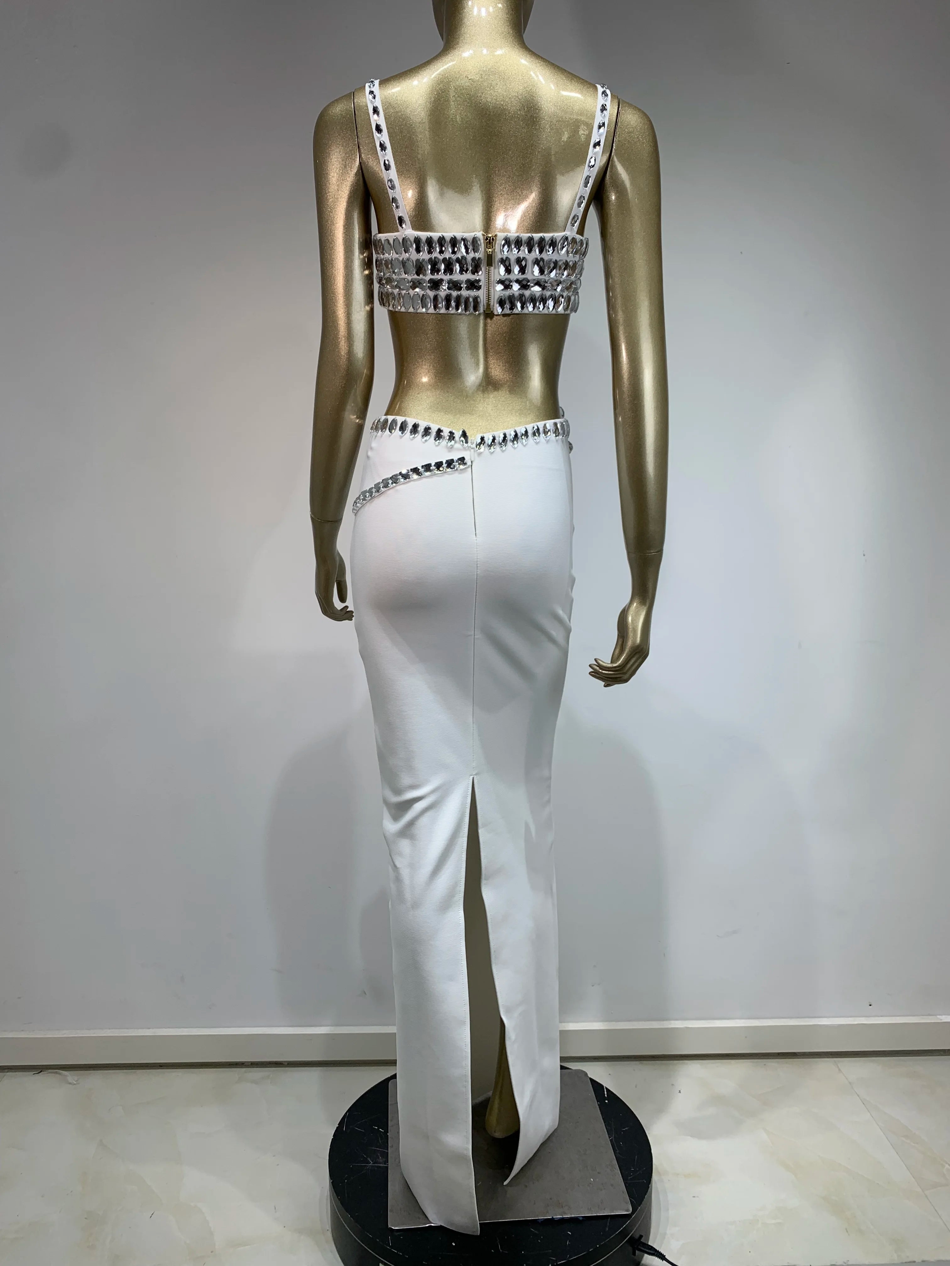 Women Summer Celebrity Sexy Beading Split Maxi Long White Bandage Skirt Set 2024 Knitted Elegant Evening Club Party Clothing