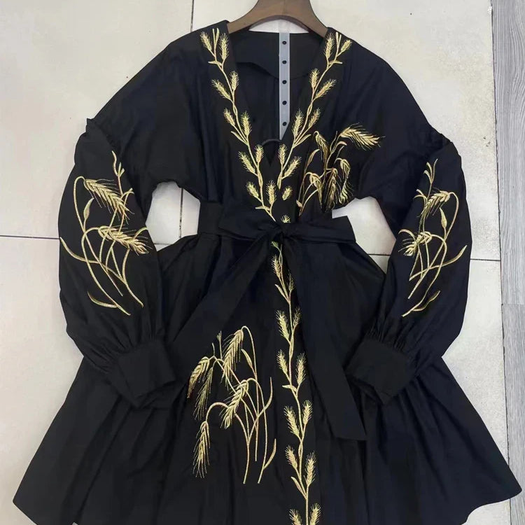 SEQINYY Casual Mini Dress Summer Spring New Fashion Design Women Runway High Quality Embroidery Flower Shirt Fabric Holiday black CHINA