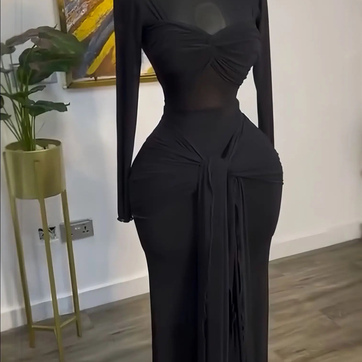 CM.YAYA Women Mesh See Though Long Sleeve Maxi Bowknot Long Dress 2025 Evening Sexy Club Party Evening High Street Dresses