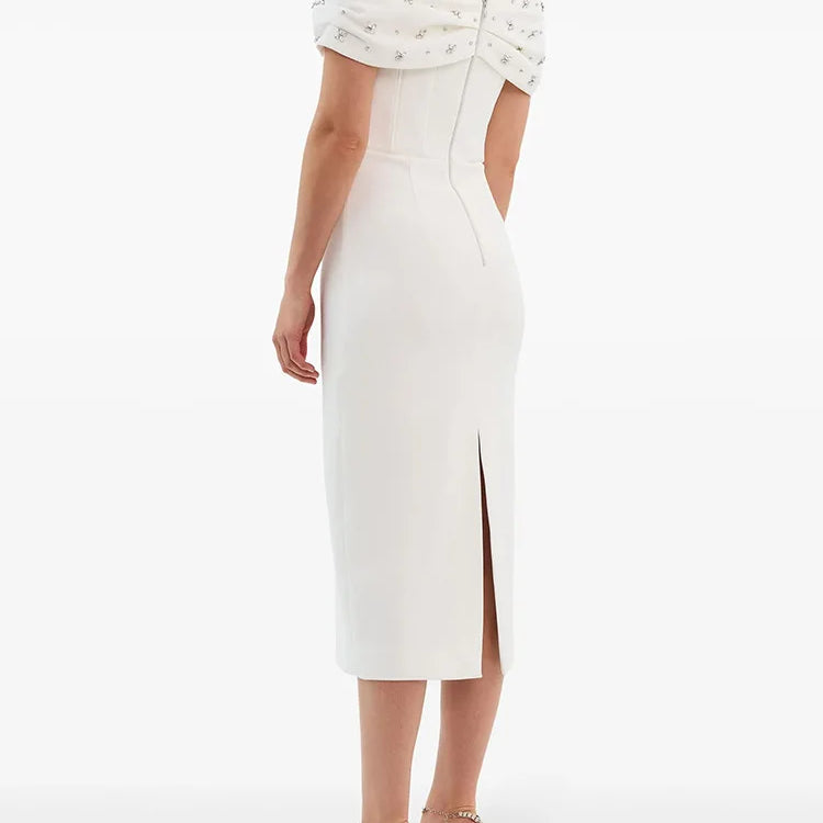 Black White Color Women Sexy Slash Neck Off the Shoulder Bodycon Mid-calf Dress Shinning Crystal Celebrate Evening Party Outfit