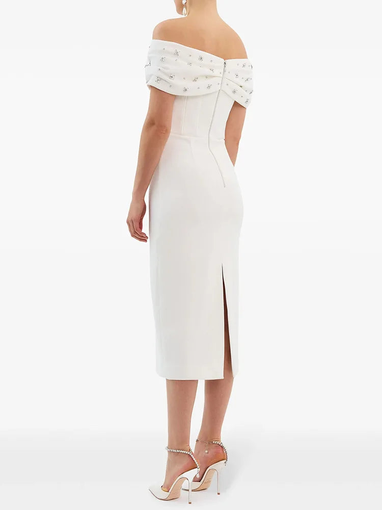 Black White Color Women Sexy Slash Neck Off the Shoulder Bodycon Mid-calf Dress Shinning Crystal Celebrate Evening Party Outfit