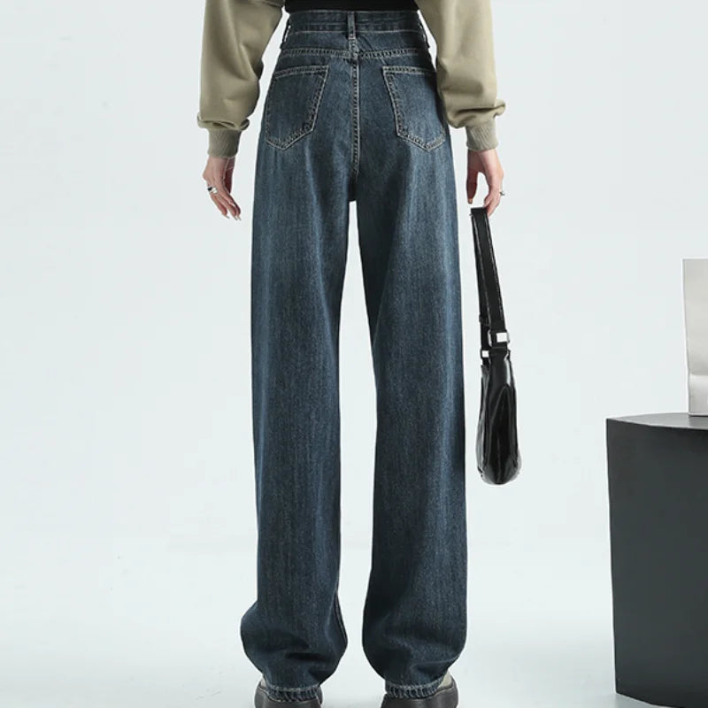 Autumn Winter New Women High Waist Jeans American High Street Straight Tube Woman Jeans Blue Gray Slant Button Women Pants