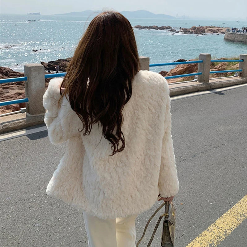 Autumn Winter Women's Lamb Wool Jacket Korean Style Streetwear O-Neck Faux Fur Coat Woman Warm Thick Furry Fluffy Coat