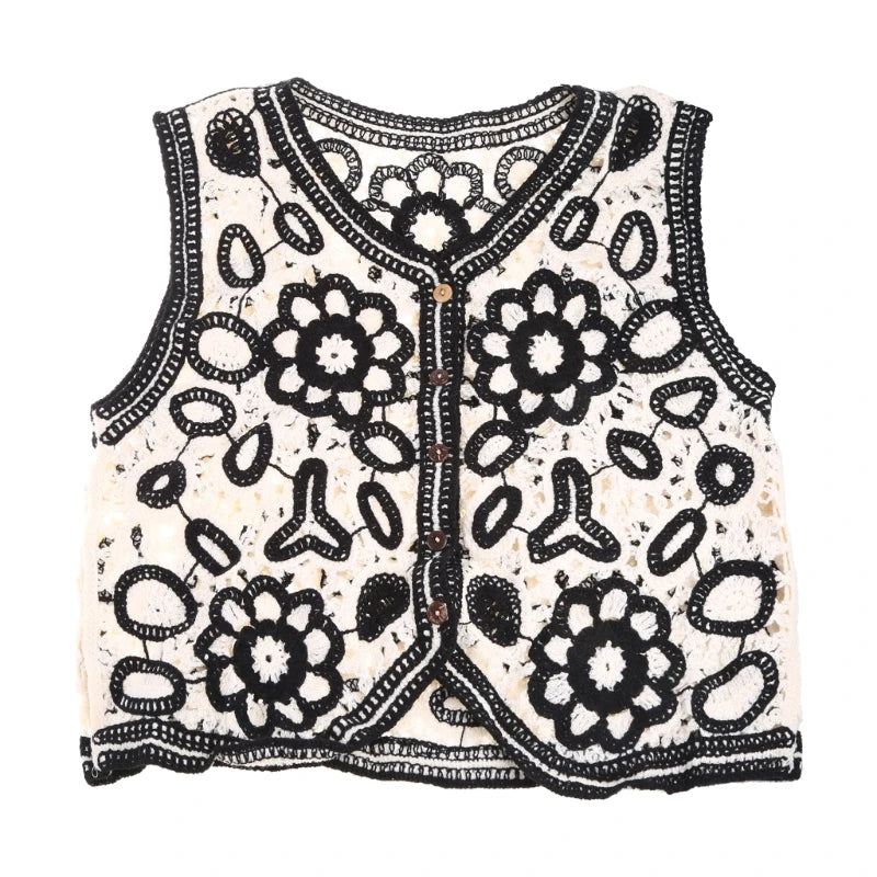 Women Vintage Hollow Out Crochet Crop Vest Embroidery Floral Sleeveless for Jack P8DB Black