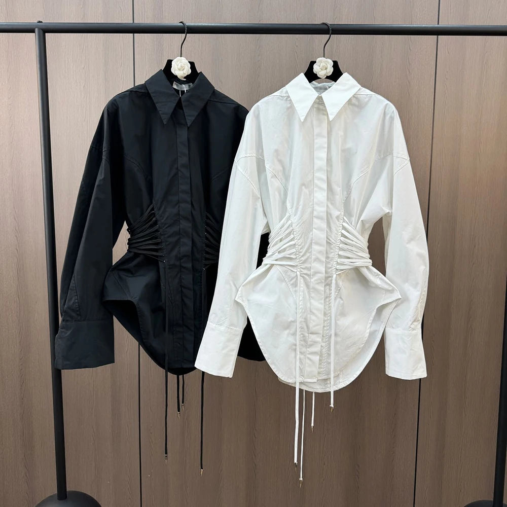 TWOTWINSTYLE Solid Spliced Lace Up T Shirts for Women Lapel Long Sleeve Patchwork Single Breasted Fashion Top Female Clothing