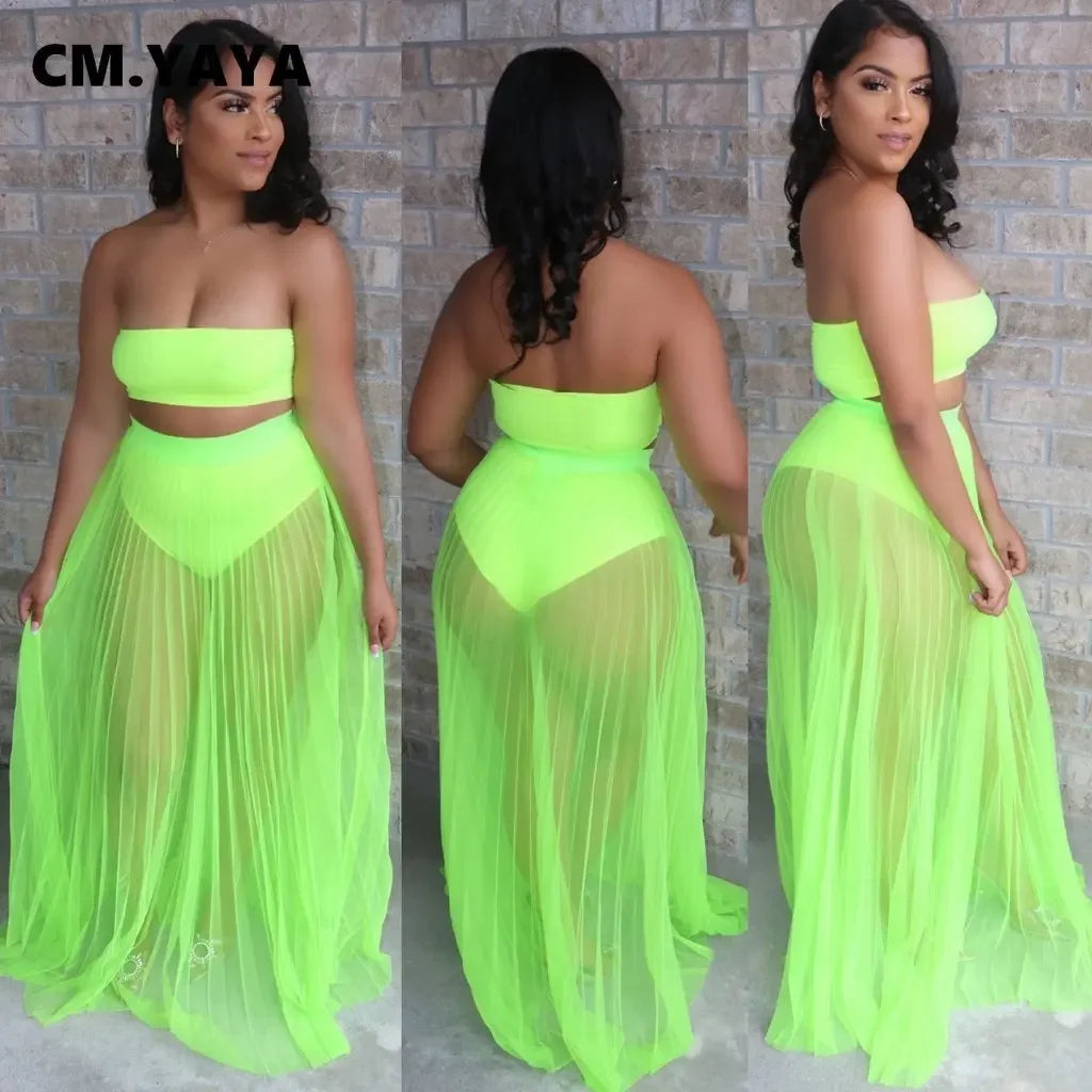 CM.YAYA Women Mesh See Though Two Piece Set Sexy Beach Strapless Tops and Pleated Maxi Skirts Matching Set Summer Outfits