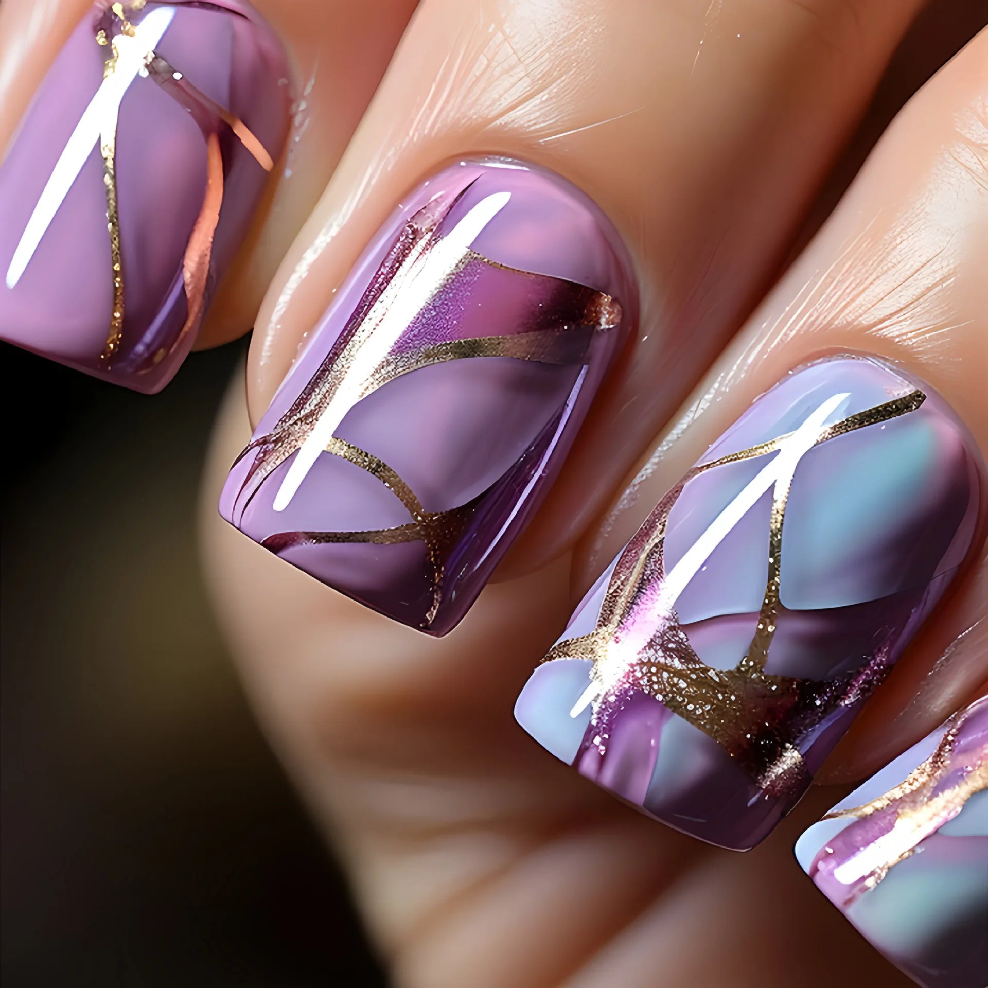 24Pcs Purple Short Square False Nails Gradient Full Cover French Coffin with Glue Acrylic Press on Nails Artificial Manicure