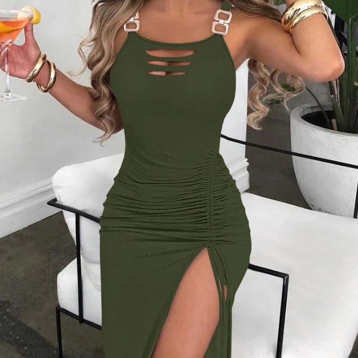 Sexy Women's Dress New Ladder Cutout Slit Buckled Bodycon Dress Solid Color Slim Fit Sleeveless Drawstring Pleated Dress C