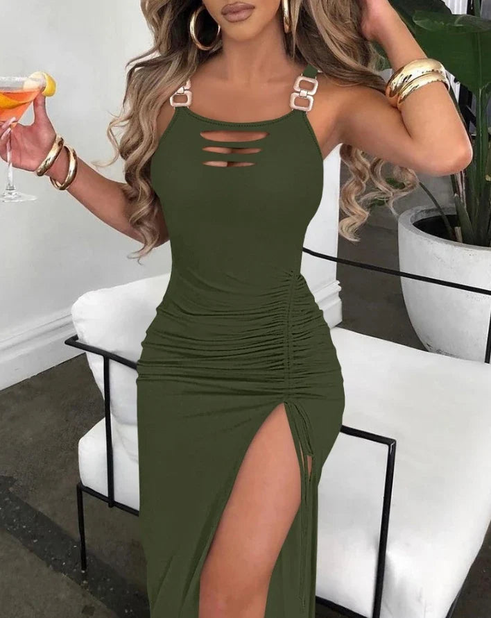 Sexy Women's Dress New Ladder Cutout Slit Buckled Bodycon Dress Solid Color Slim Fit Sleeveless Drawstring Pleated Dress C