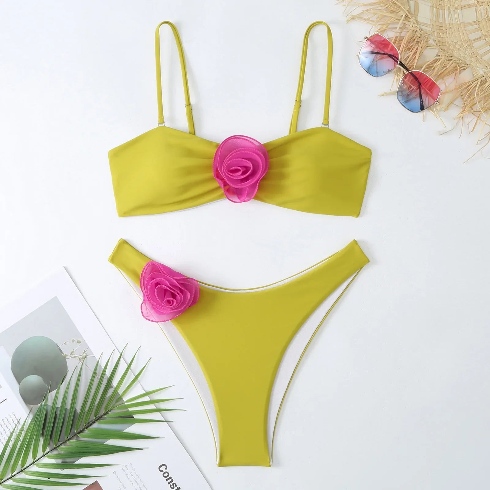 Sexy Women Swimsuit Lace Up Bikini Micro Bikinis Set Female Swimwear 3D Floral Bathing Suit Thong Biquini Swimming Suits
