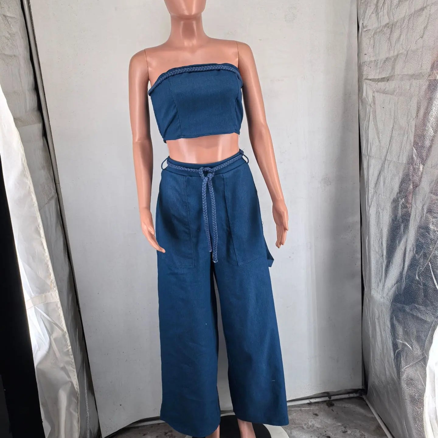 CM.YAYA Fashion Denim Women's Set Strapless Crop Top and Wide Leg Jeans Pants Suit 2024 Street Two 2 Piece Sets Outfit Tracksuit