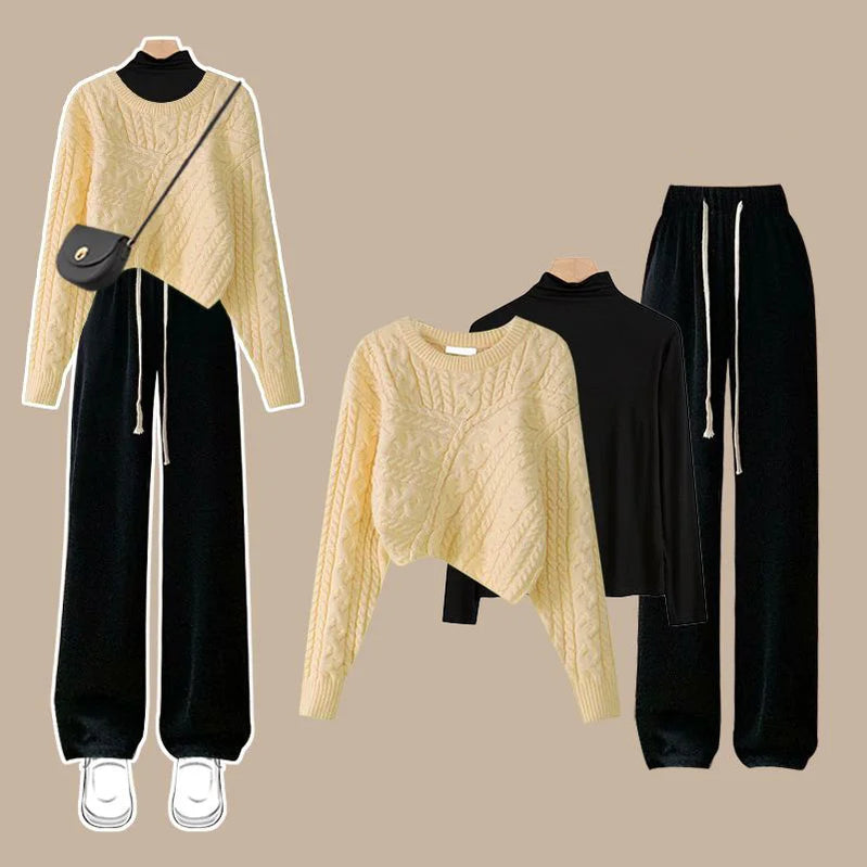 Autumn and Winter Set Women's 2023 New Korean Knitted Sweater Women's Underlay Casual Pants Three Piece Set Winter Clothes Women Three piece set 4