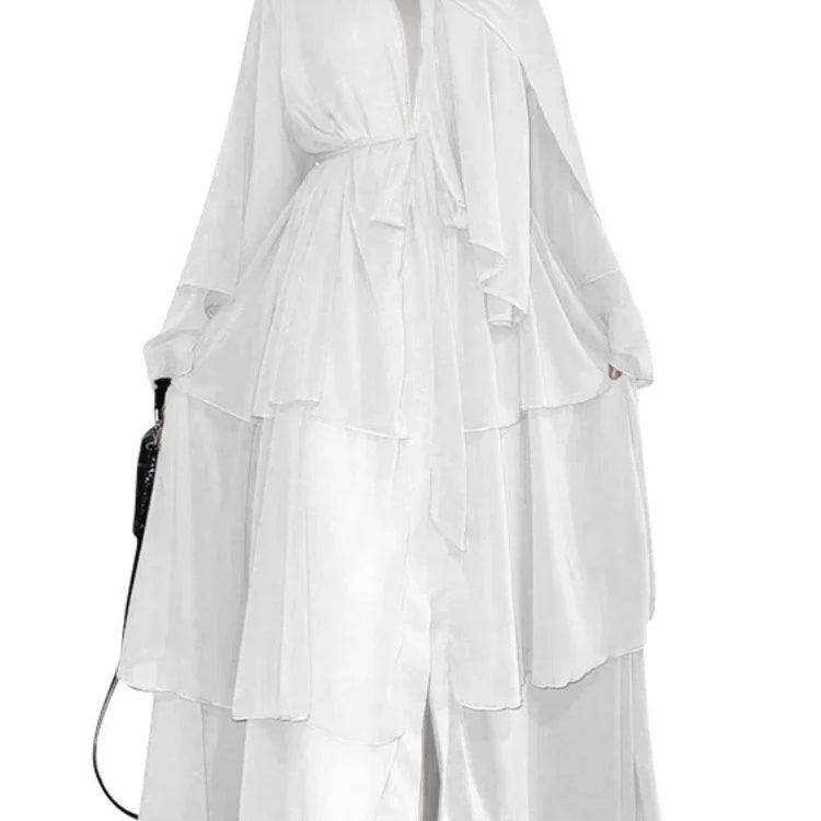 New In Women Abaya NO SCRARF(Encrypted Chiffon)Elegant Muslim Stitching Three Layer Abaya Ruffle Sleeves Cardigan Marocain Dress white