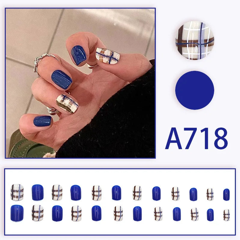 24Pcs Blue Plaid Pattern Press on Nails New Premium Short Style Versatile Design Nails Perfect Gift for Women and Friends